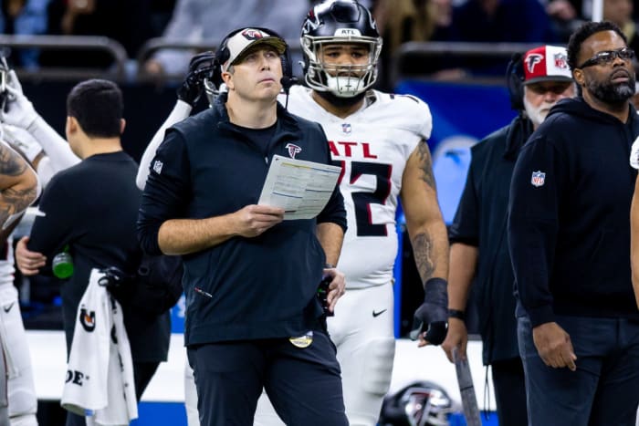 Jan 7, 2024; New Orleans, Louisiana, USA; Atlanta Falcons head coach Arthur Smith looks on against the New Orleans Saints during the second half at Caesars Superdome.